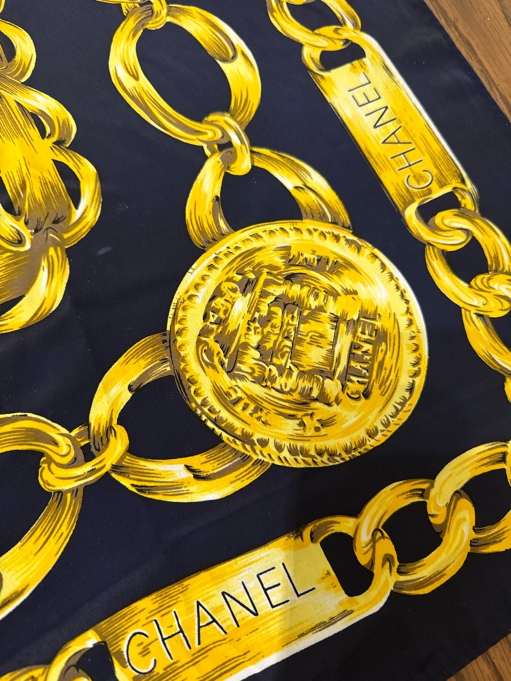 Navy & Gold Chain Print Silk Scarf Luxury Style Square Scarf - Picture 5 of 11